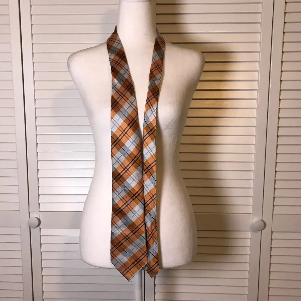 Clericci Orange Silver Plaid Wide Classic Mens Necktie